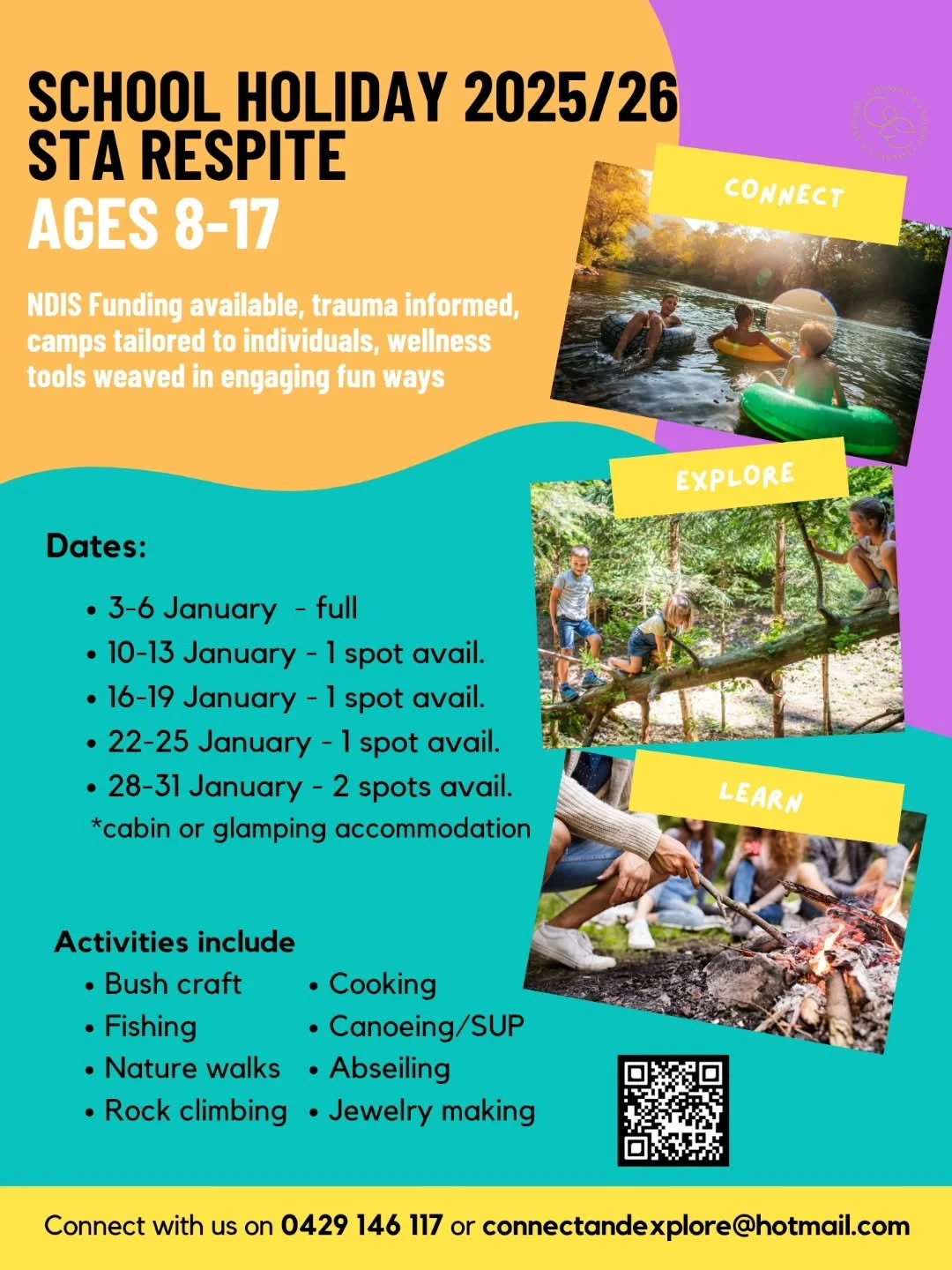 Summer Holiday STA Respite 2025/26
✨️Bookings open now

📞 0429 146 117 
📧 connectandexplore@hotmail.com