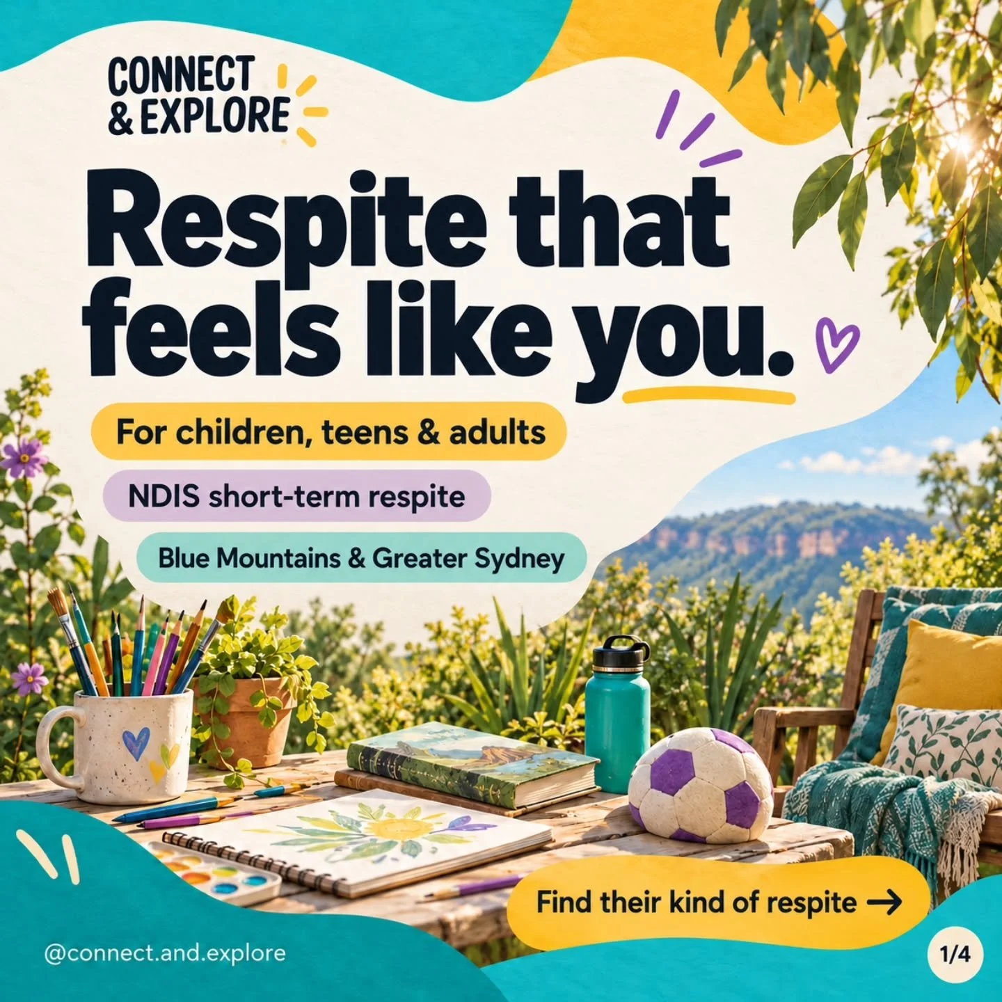 Your interests. Your pace. Your kind of respite. 💛🌿

At Connect &amp; Explore, we offer personalised short-term respite for children, teens and adults&mdash;built around what they enjoy and the support they need.

🎨 Get creative
🥣 Cook something 