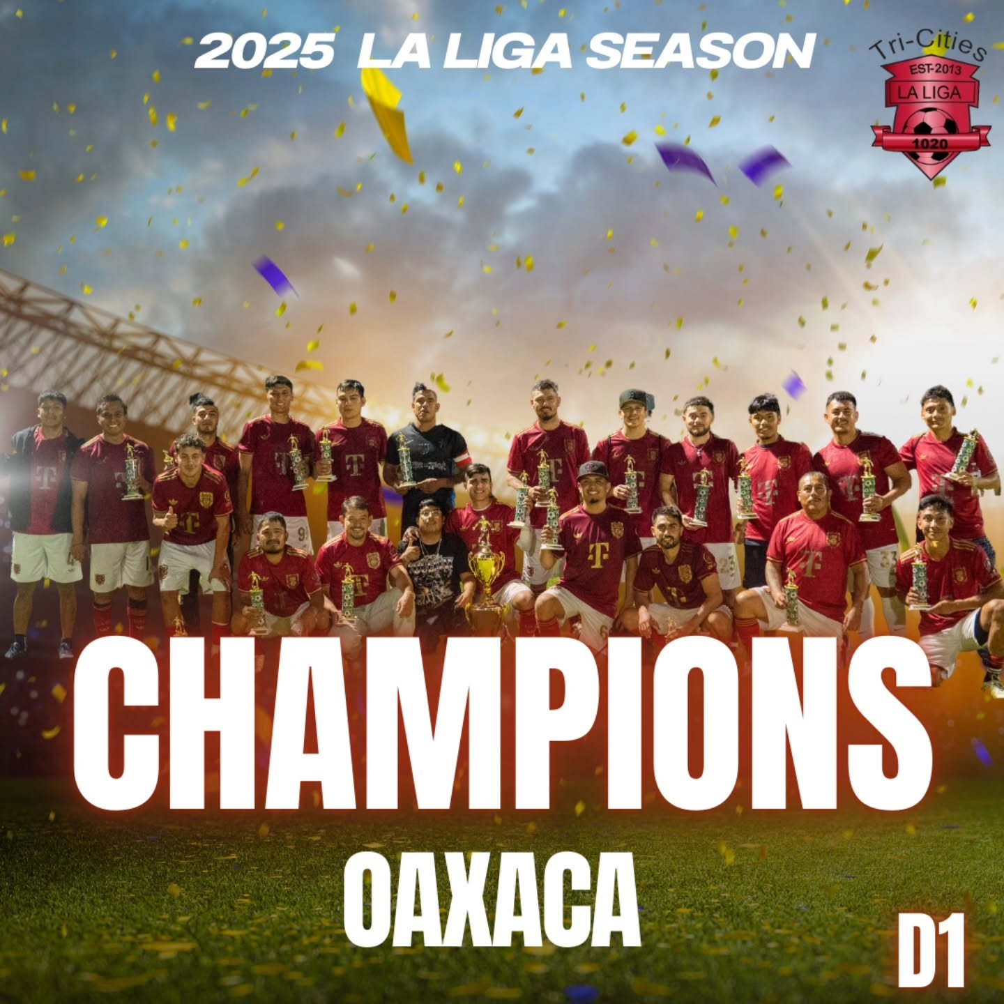 🏆⚽️ CONGRATULATIONS⚽️🏆

2025 D1 Champions OAXACA! 
2025 D1 Sub-Champions MI PUEBLITO!

Let's show them some love. It was a great match-up, both teams fighting until the bitter end!!

🏆⚽️ CAMPEONES⚽️🏆

&iexcl;OAXACA, campeones del D1 2025!
&iexcl;