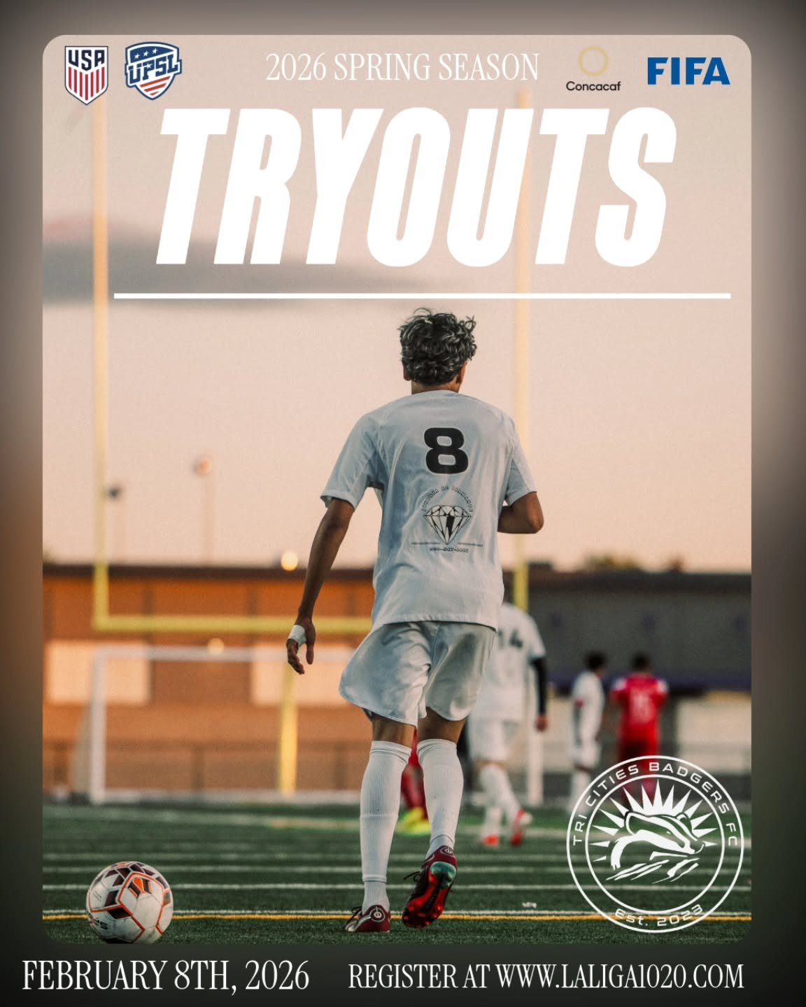 🚨Tryouts 2026 

Want to join the team? Sign up for tryouts today! 
Link to the website is in our Bio www.laliga1020.com
....
DATE: Feb 8th, 2026
TIME: 11AM - 1:30PM (Be Early) 
Location: TBD
Fee: $0 Free Tryouts 

Bring cleats and gear, must be 14+ 
