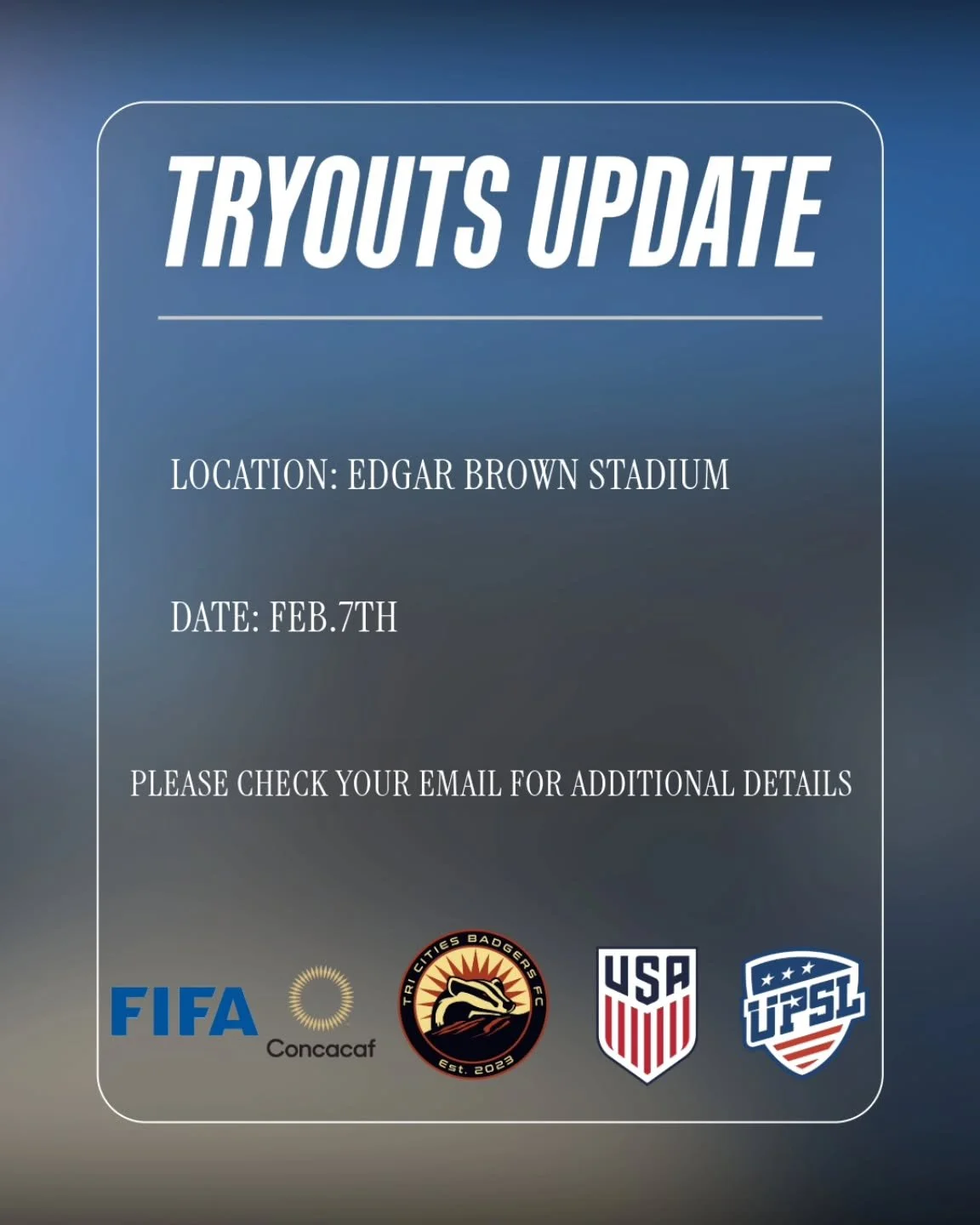 🚨 Location Confirmed! 

Tryouts will be at the Edgar Brown Stadium 

📍801 N 18th Ave, Pasco, WA 99301

Date has been updated to FEBRUARY 7TH 

You can still register online at www.laliga1020.com 

See you all there !!