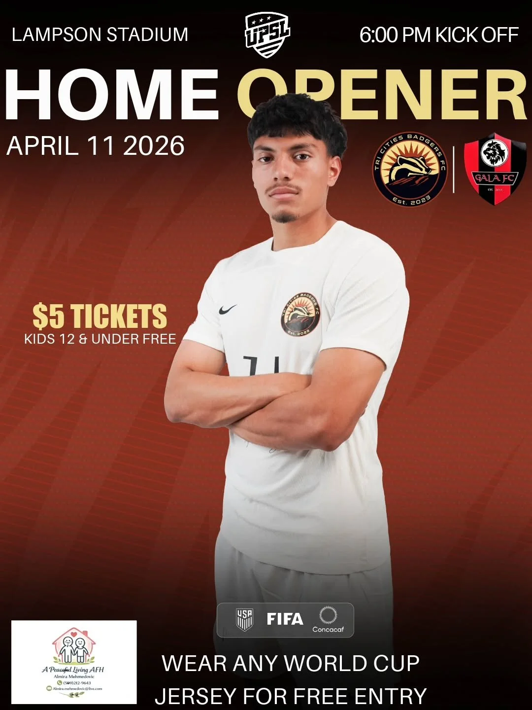 📣⚽️ Home Opener is this Saturday vs. Gala FC 

Come out and make some noise!!

🏟LAMPSON STADIUM 
🕐 Gates Open at 5PM
🎟 $5 Ticket Adult
12 &amp; Under enter for free

Home Game present by
@apeacefullivingAFH