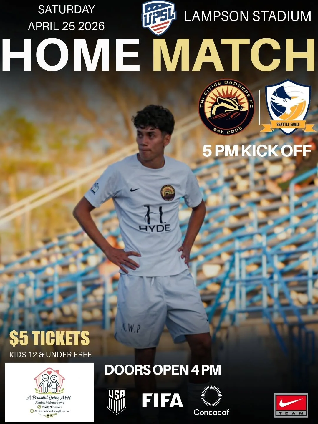 📣⚽️ Home Match is this Saturday vs. Seattle Eagles

Come out and make some noise!!

🏟LAMPSON STADIUM 
🕐 Gates Open at 4PM
🎟 $5 Ticket Adult
12 &amp; Under enter for free

Home Game Presented By
A Peaceful Living AFH