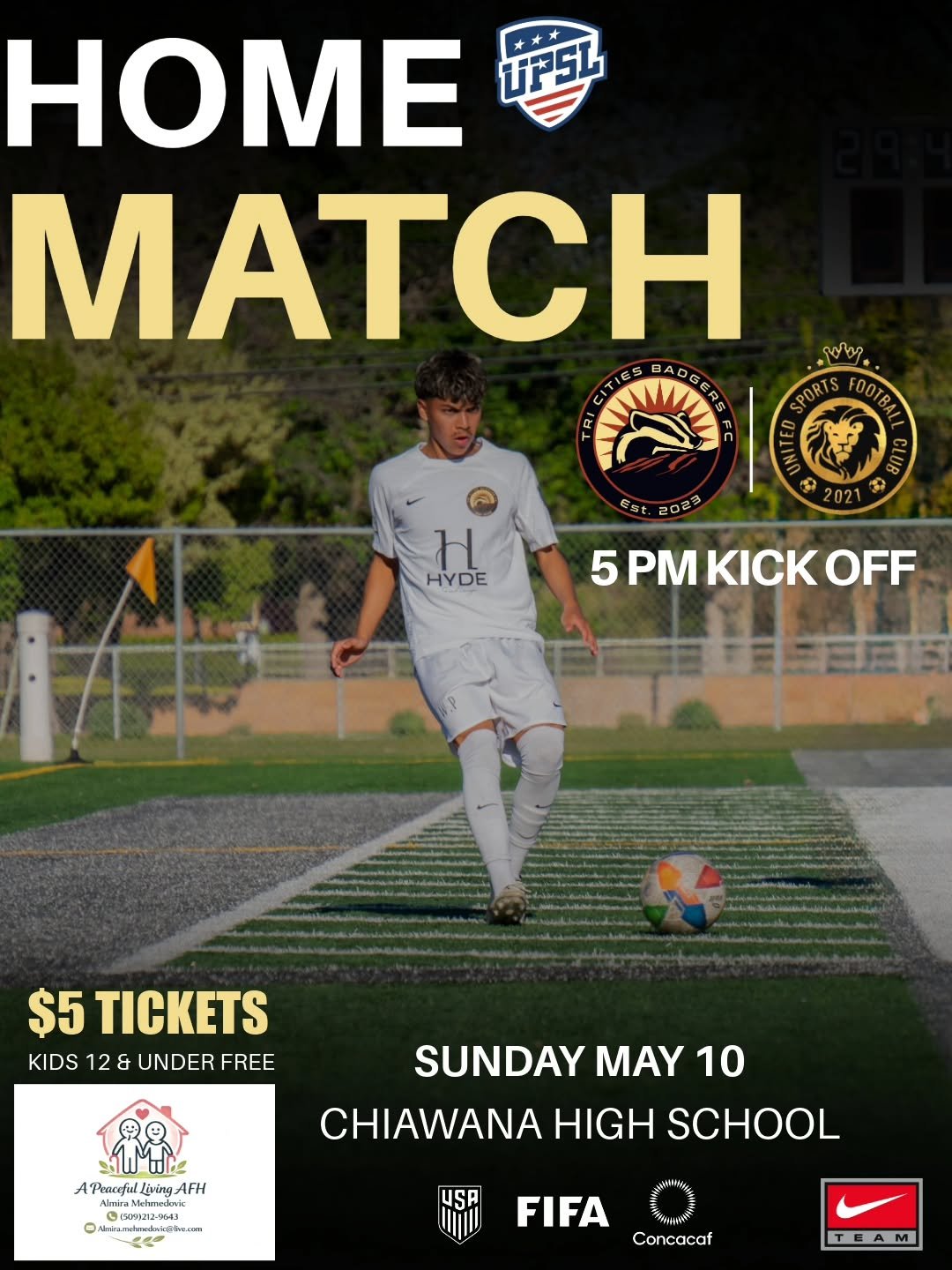 📣Badgers are Home!!

It's a Huge match this week as we try to regain the top spot, we need everyone to pack the stands!! 

🏟CHIAWANA HIGH SCHOOL
🕐 Gates Open at 4PM
🎟 $5 Ticket Adult
12 &amp; Under enter for free

Home Game Presented By
A Peacefu