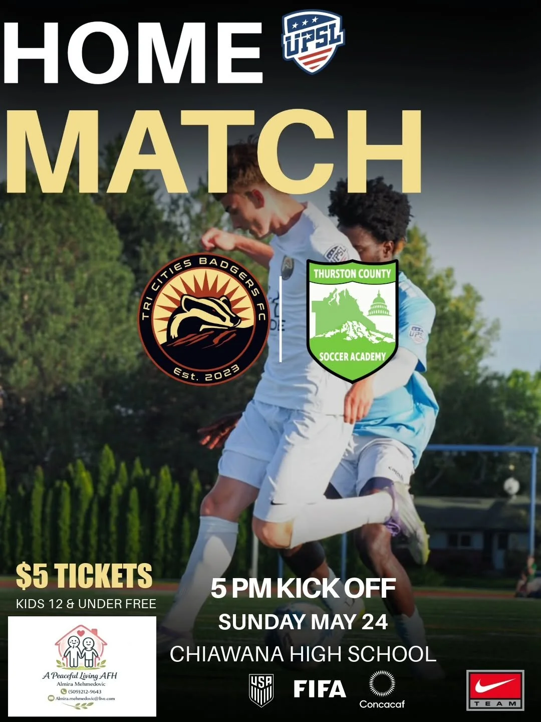 📣HOME MATCH THIS SUNDAY !! 

Come support the boys this Sunday at Chiawanna

🏟CHIAWANA HIGH SCHOOL
🕐 Gates Open at 4PM
🎟 $5 Ticket Adult
12 &amp; Under enter for free

Home Game Presented By
A Peaceful Living AFH