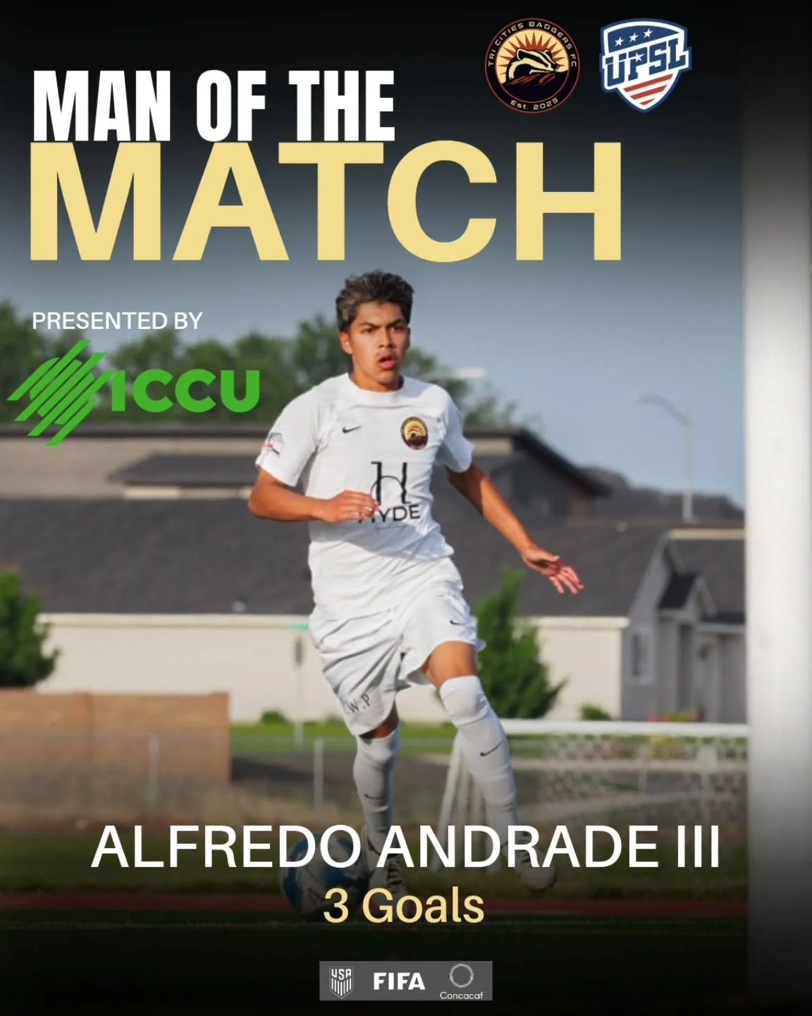 @alfredo.andradeiii is your MOTM presented by @idahocentralcu 

Alfredo was on fire all 90 minutes, scoring a Hat Trick + 2 assists !!