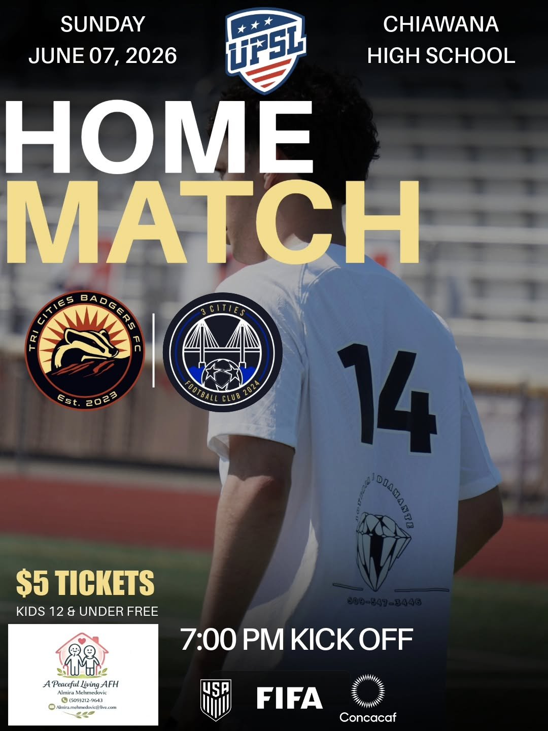 📣 Home Match Derby this Weekend!! 

Badgers vs 3Cities 

Lets pack the house and make some NOISE!!!

🏟CHIAWANA HIGH SCHOOL
🕐 Gates Open at 6PM
🎟 $5 Ticket Adult
12 &amp; Under enter for free

Home Game Presented By
A Peaceful Living AFH