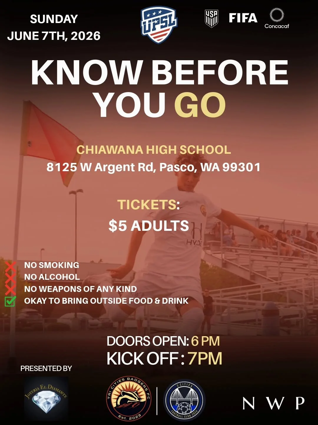 🏟 ITS MATCH DAY!! 

Come out and support the boys in our Last Home Match of the season

Doors Open at 6pm 
$5 Adults 
Kids 12 and under free