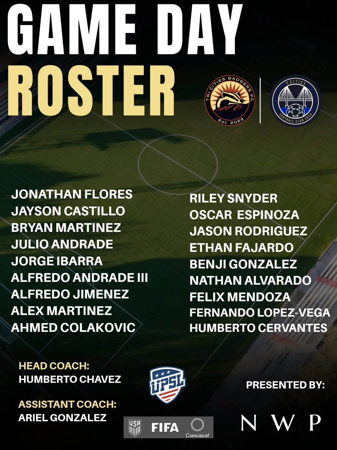 Game Day Roster vs 3Cities 
Kick off at 7pm !!