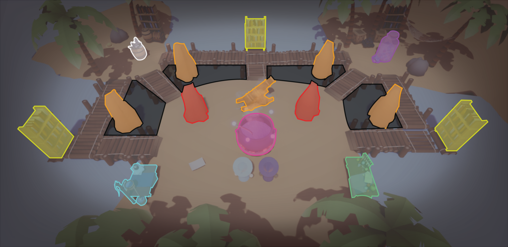  Red: Squid spawn Yellow: Water spawn Light Blue: Water station Orange: Blockers Pink: Cauldron purple: Water book material Green: Vial station White: Squid material Black: Restricted access 