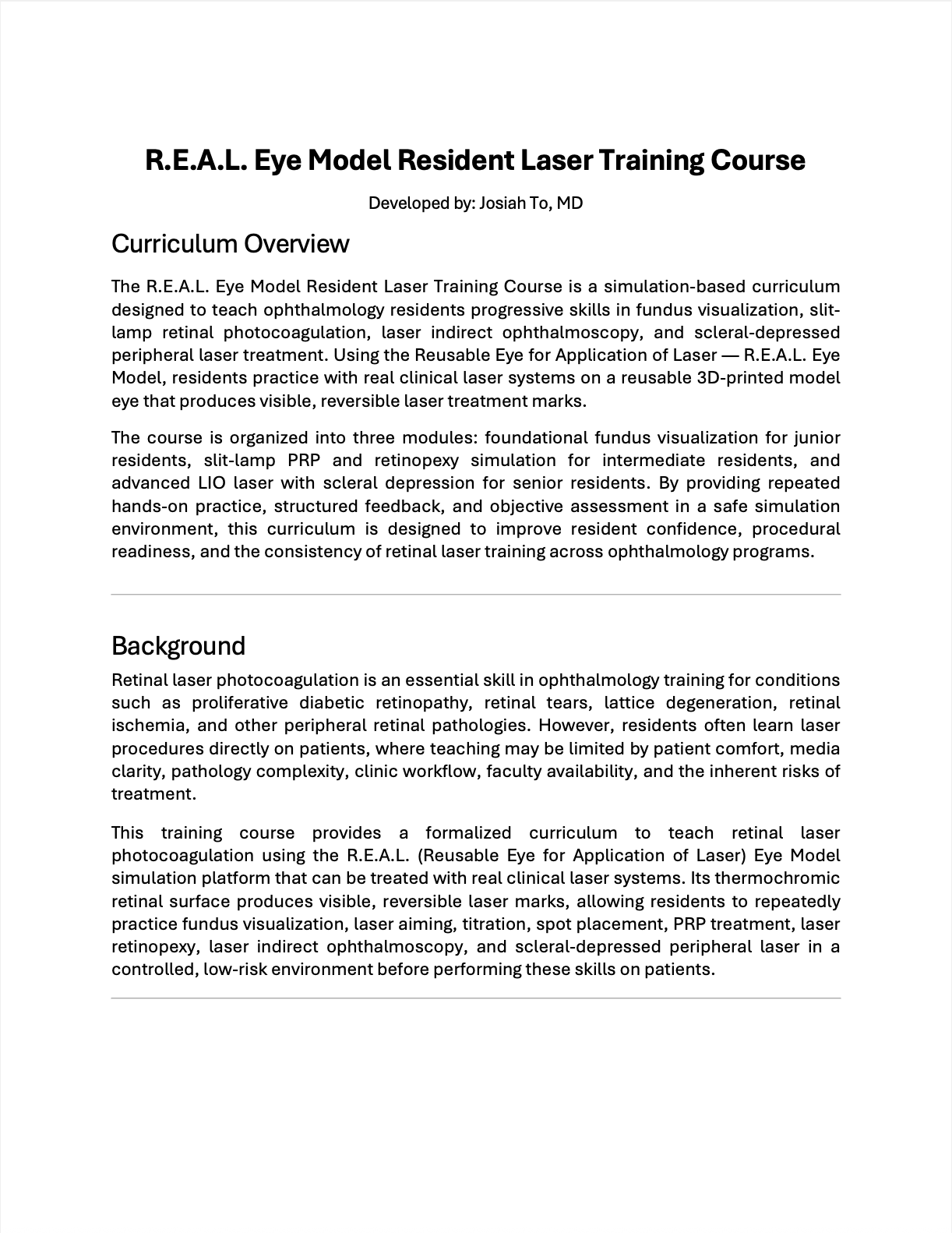 Document titled 'R.E.A.L. Eye Model Resident Laser Training Course' detailing curriculum overview and background for ophthalmology residents training in laser procedures.