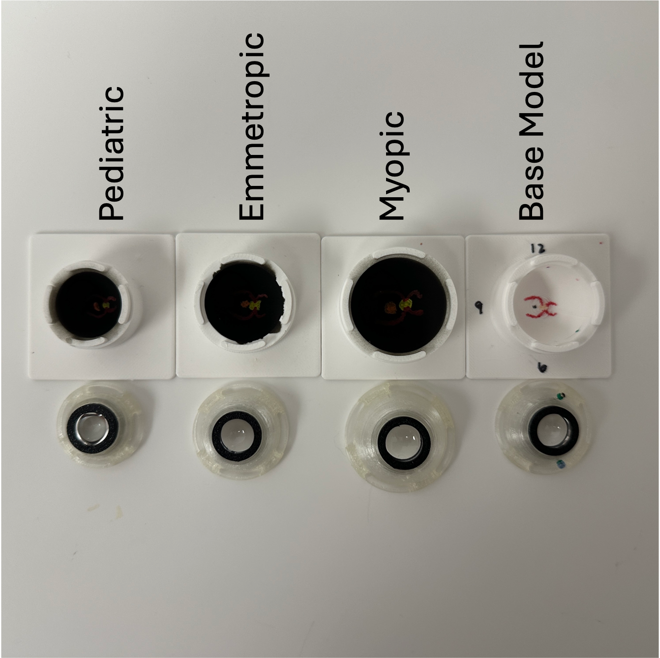 Vials of blood labeled for different blood types: Pedigric, Emmetropic, Myopic, Base Model, with some vials containing darkened liquid and marked with colored labels.