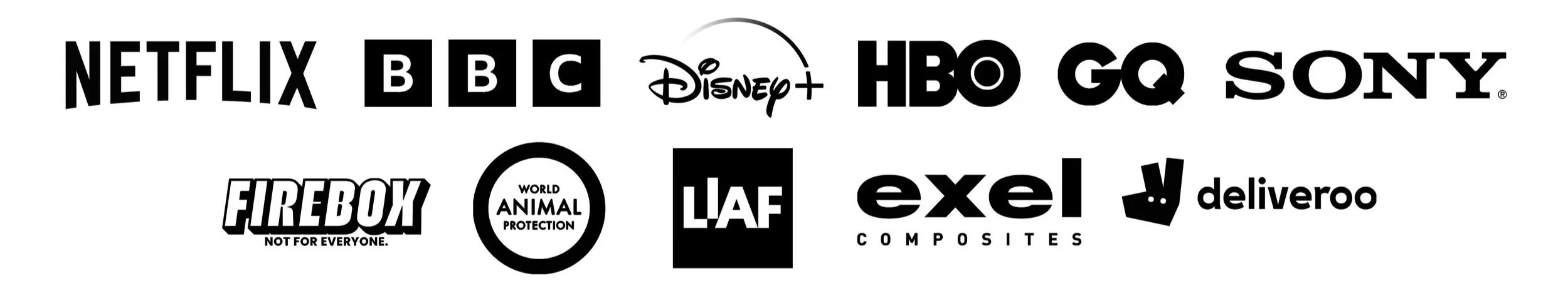 A collection of logos from various streaming, television, and media companies arranged in two rows, including Netflix, BBC, Disney Plus, HBO, GQ, Sony, Firebox, World Animal Protection, IAF, Exel, and Deliveroo.