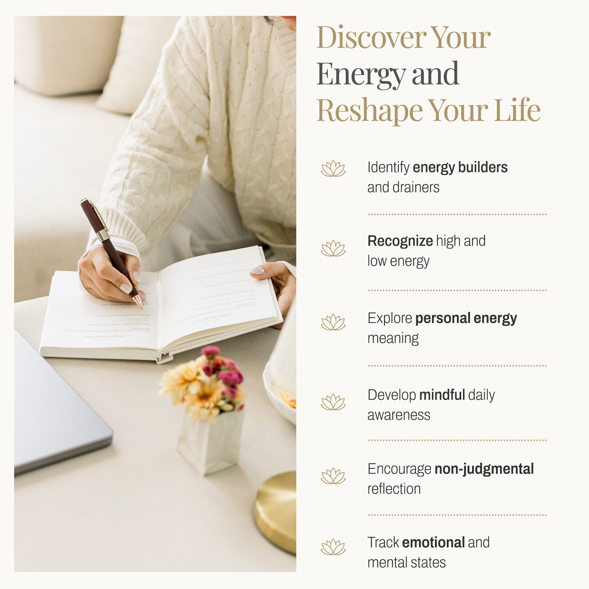 The Energy Shift Journal by Gözde Imamoglu, a guided energy management and personal growth journal that helps users understand their energy patterns, develop healthy habits, and create lasting lifestyle change through mindful reflection.