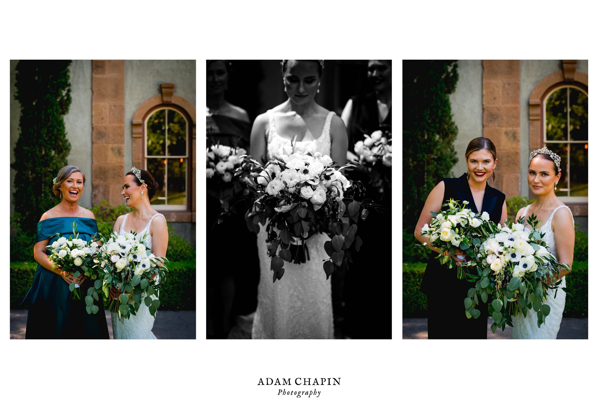 a triptych of the bride and her bridesmaids before the wedding ceremony