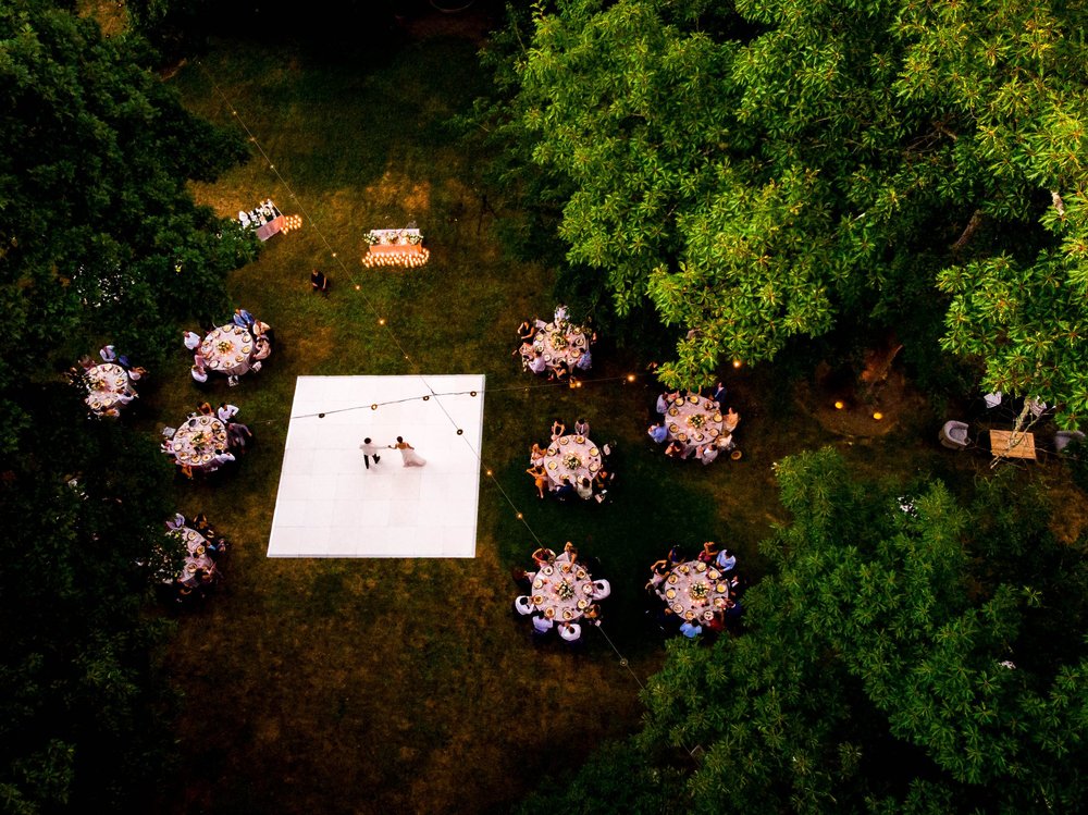 drone photo of the bride and groom about to start their first dance