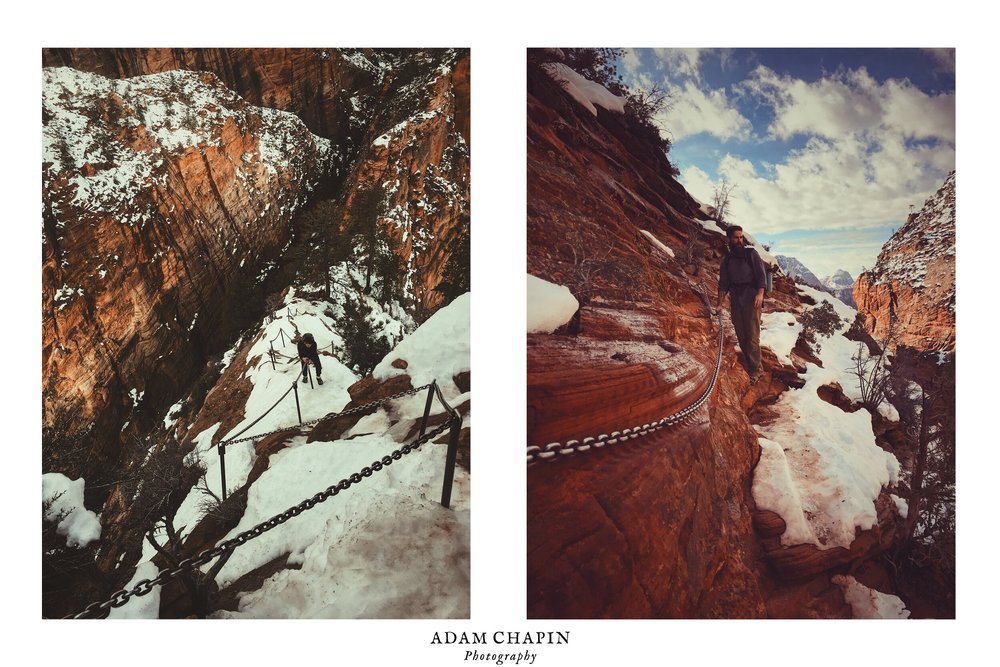 hikers climbing up Angels landing in the snow