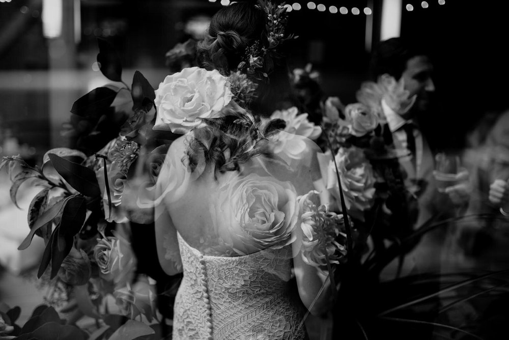 a multiple exposure of the bride and her bouquet