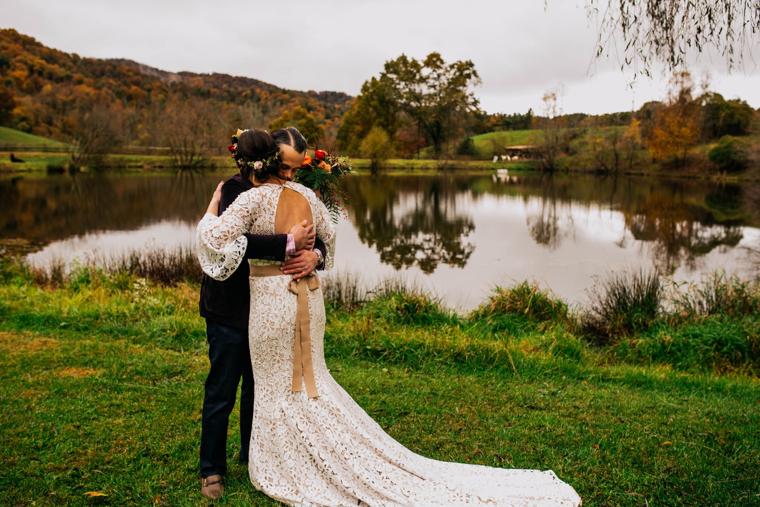 bride and groom hugging during their first look before their wedding