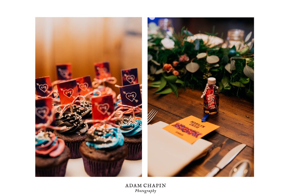 cupcake and tablescape details during this claxton farm wedding reception