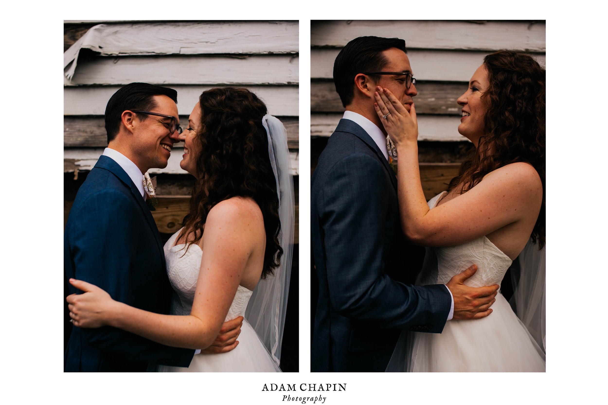 bride wiping away lipstick from grooms face after a kiss before their wedding