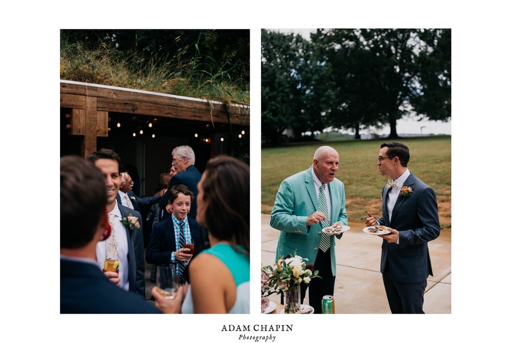 a couple of candid photos of wedding guests socializing during the cocktail hour of the wedding