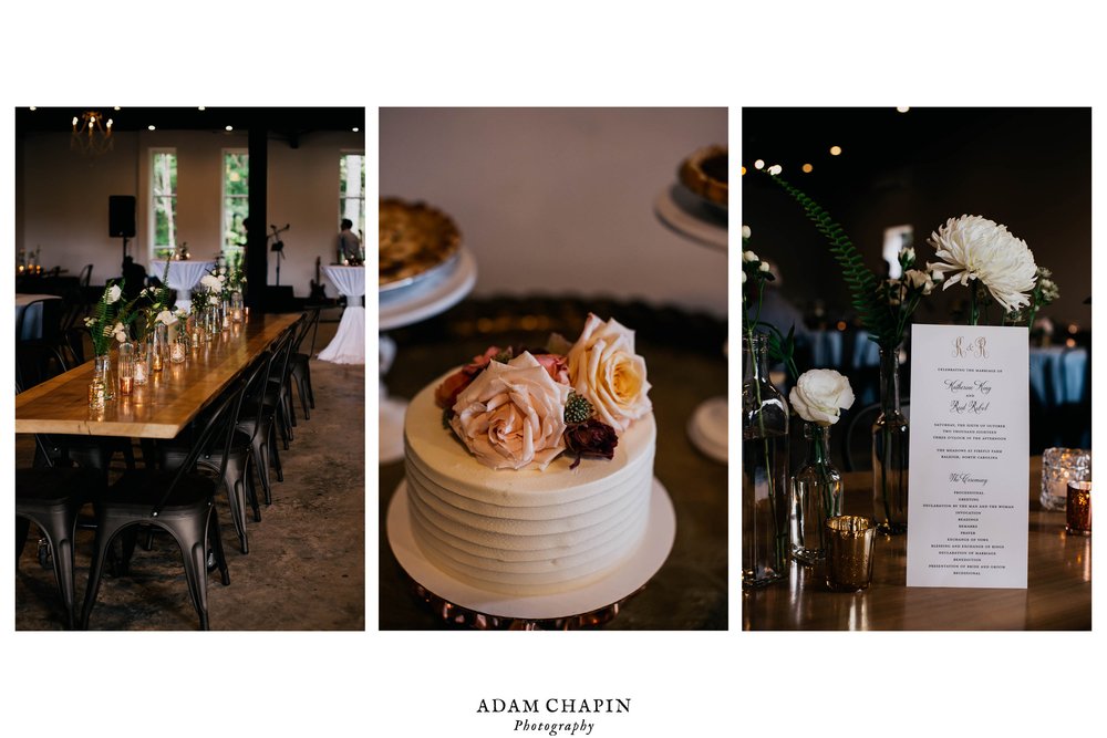 a tryptych of the wedding details from the table settings to the cake