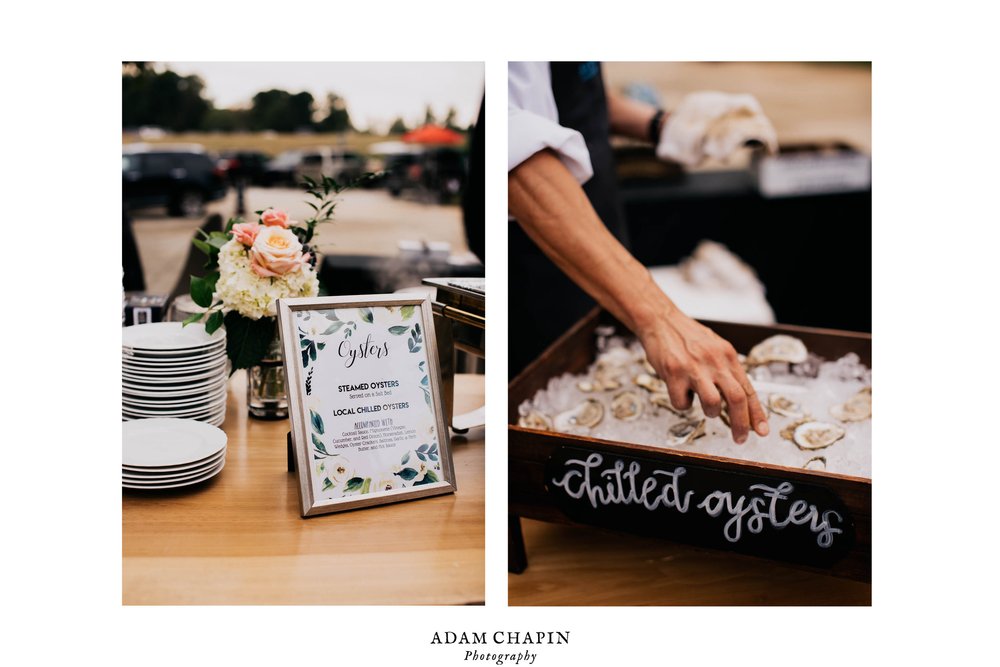 raw oyster bar setup at the wedding reception during this Meadows Raleigh wedding