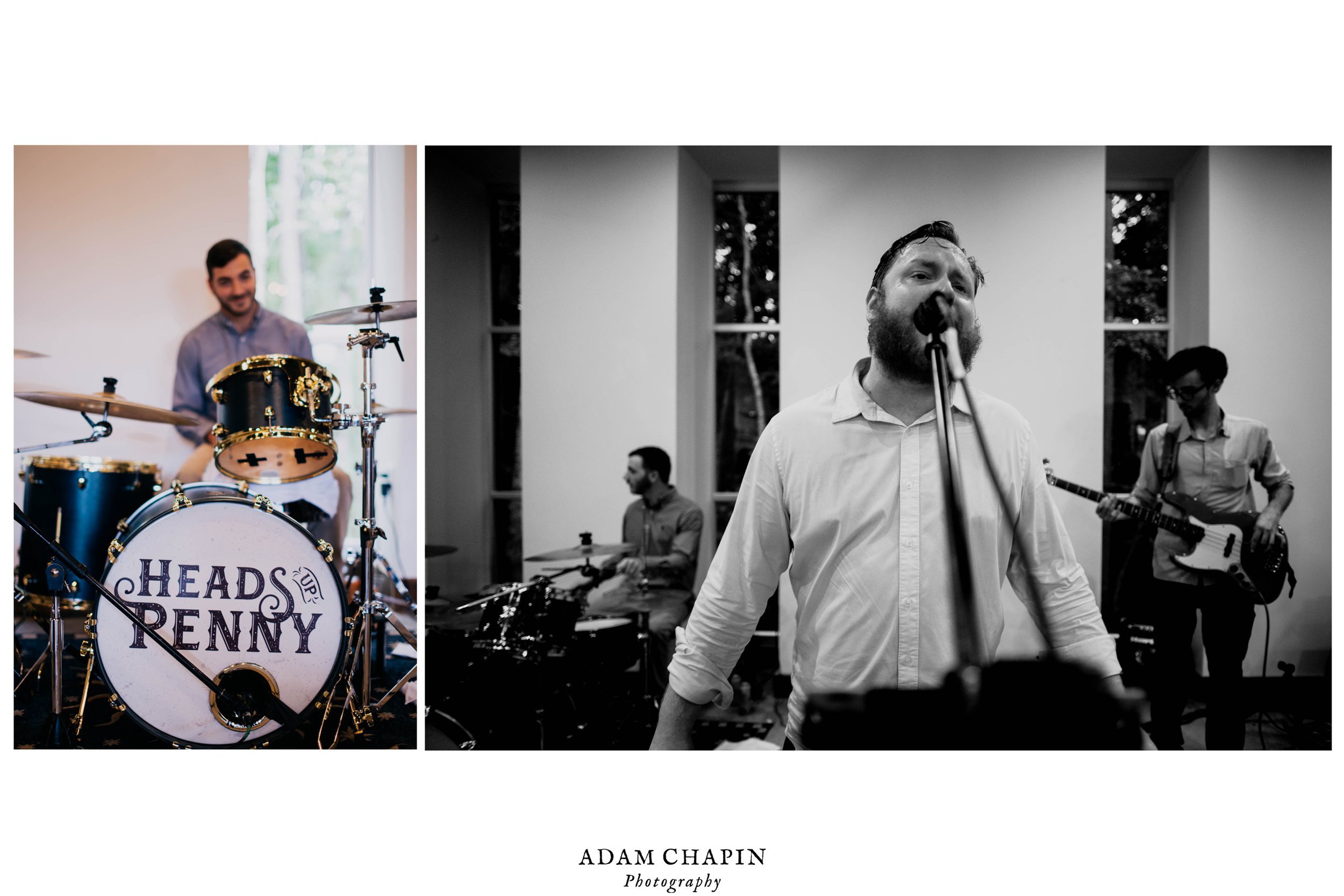 dyptych of HEads UP Penny band playing the wedding reception