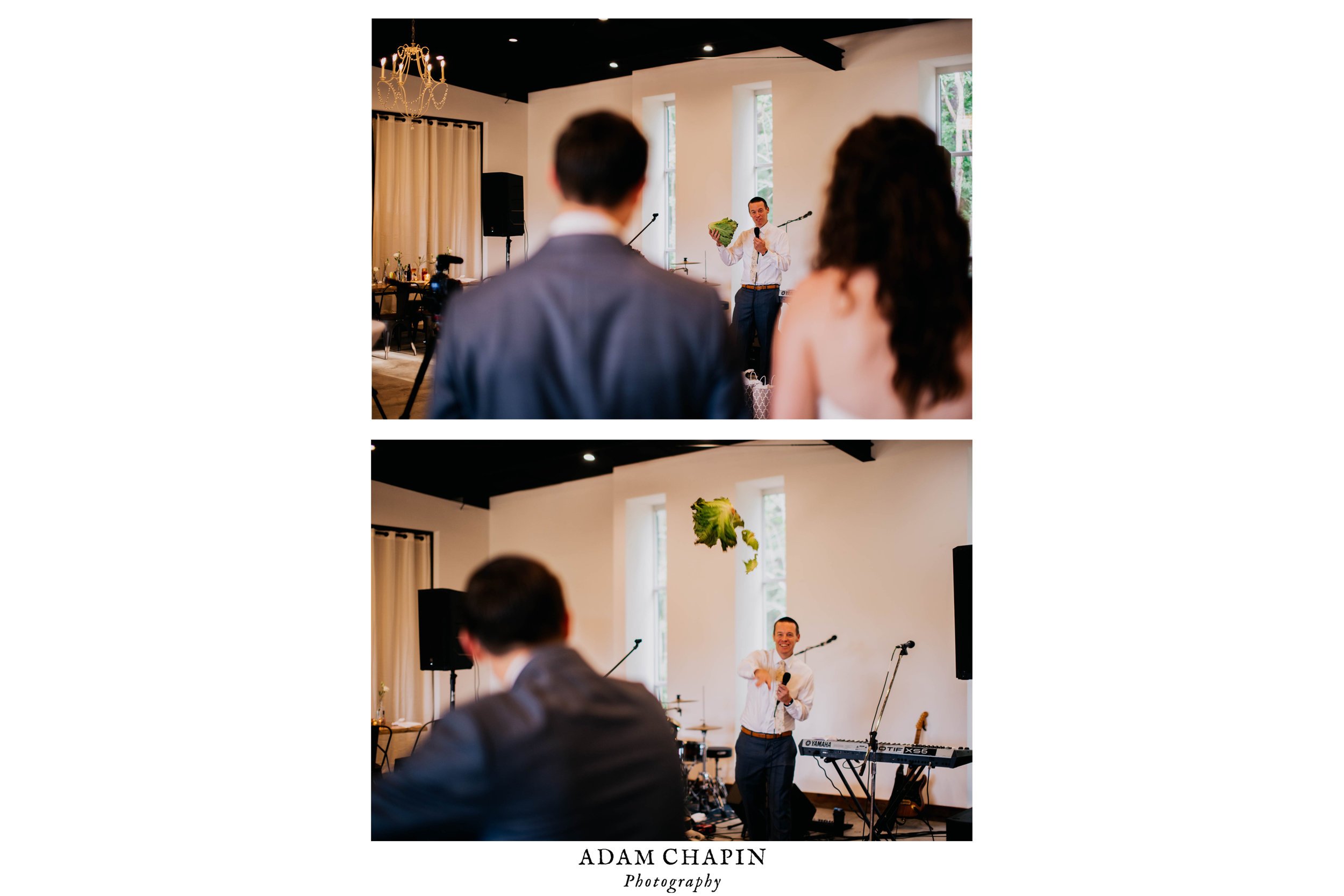 grooms brother throwing a head of lettuce at the bride and groom during toasts