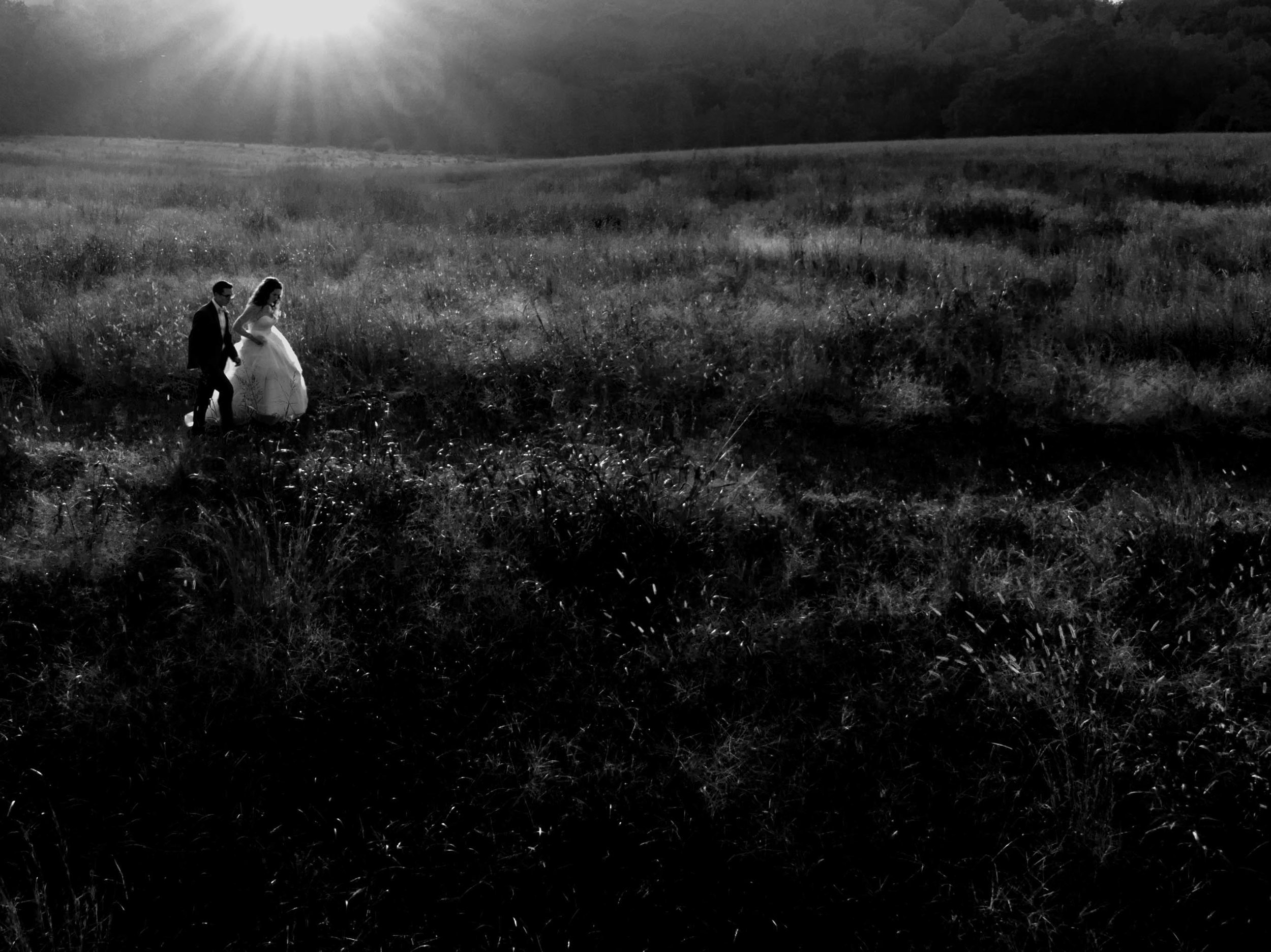 black and white drone photo of the bride and groom walking into a field as the sun sets off in the distance