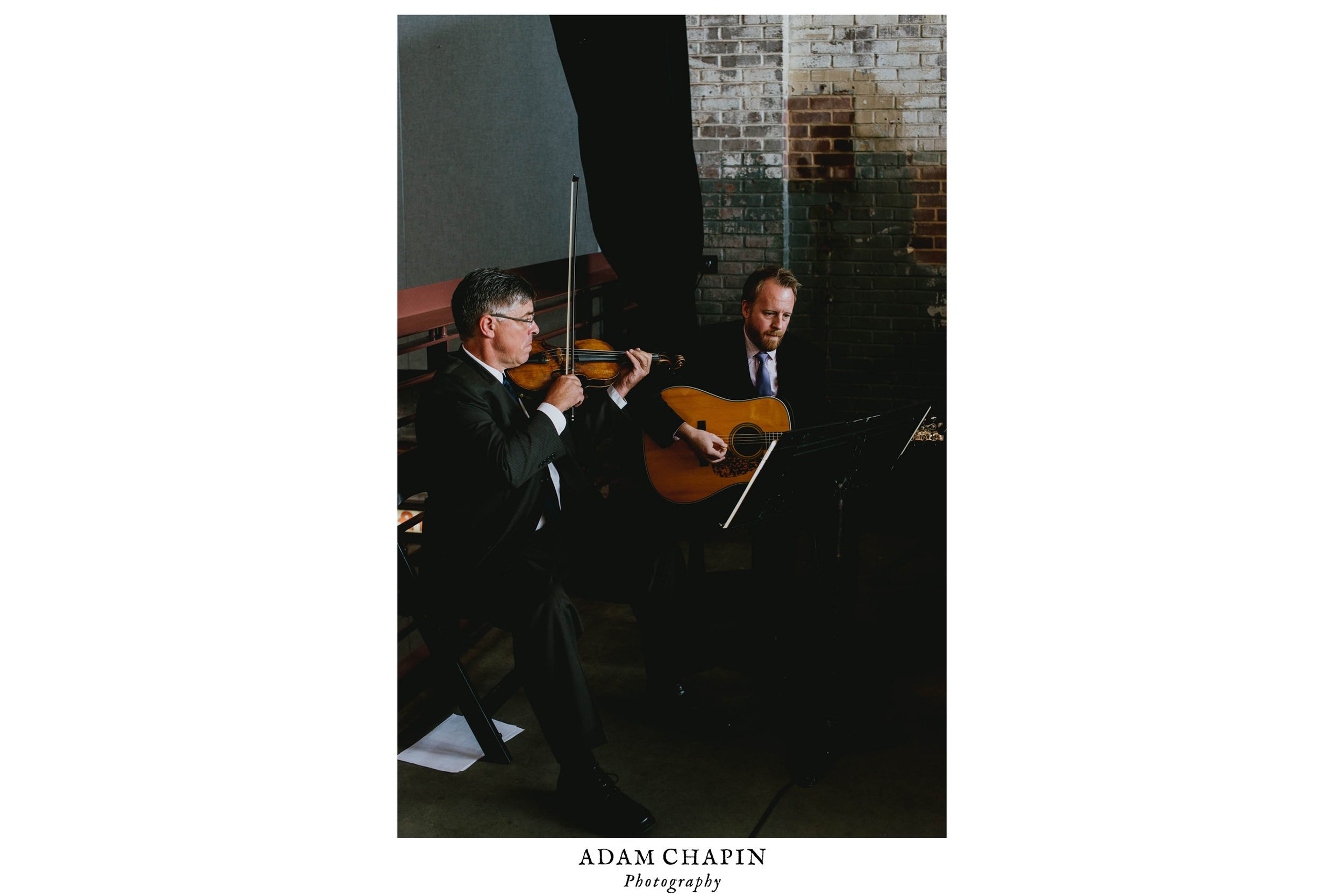 ceremony musicians playing before start of haw river ballroom wedding