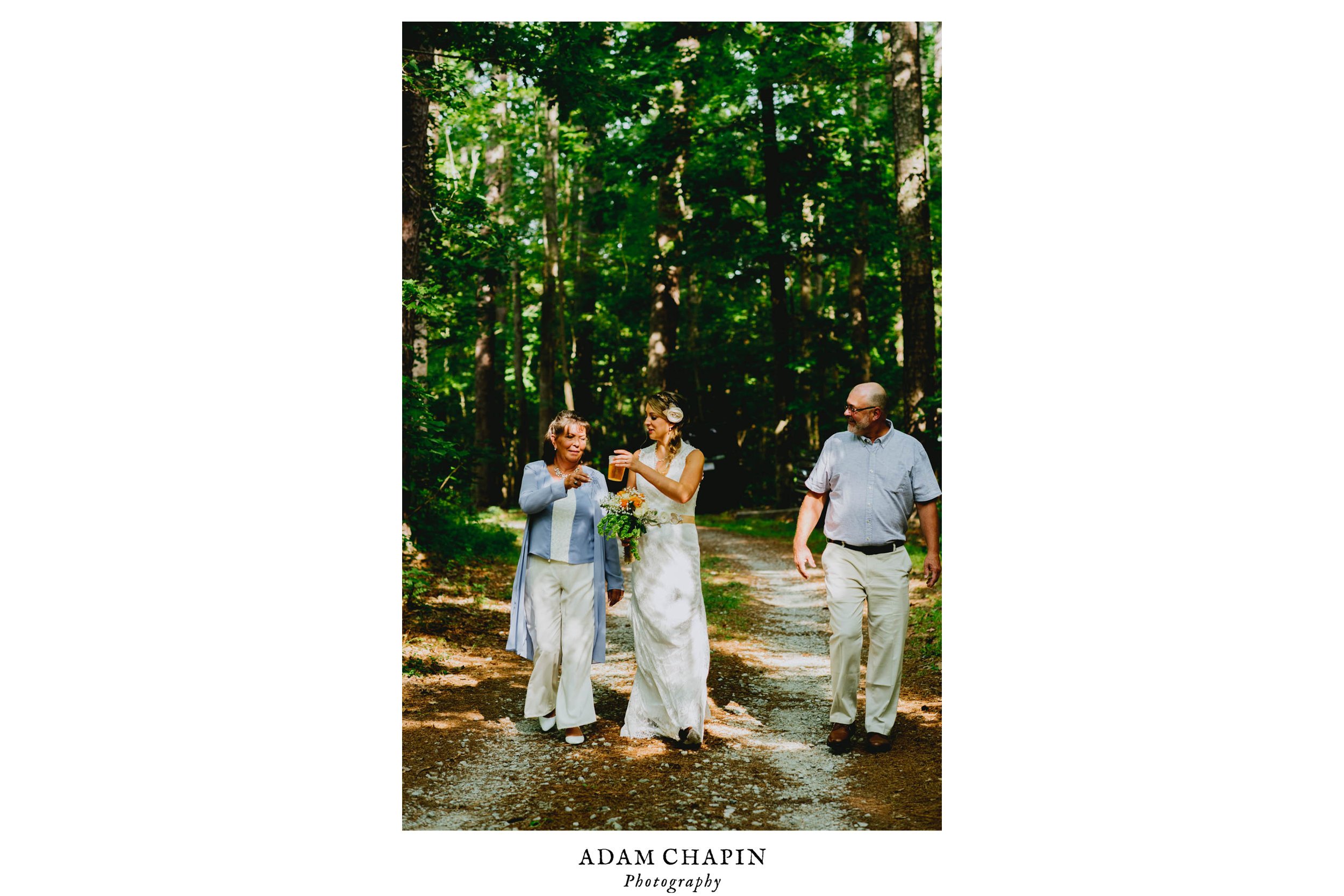 bride and parents walking to ceremony