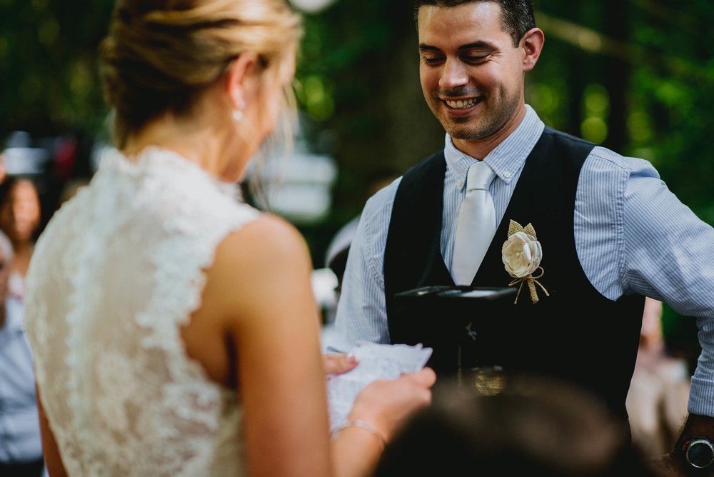 bride reading vows to groom during wedding ceremony