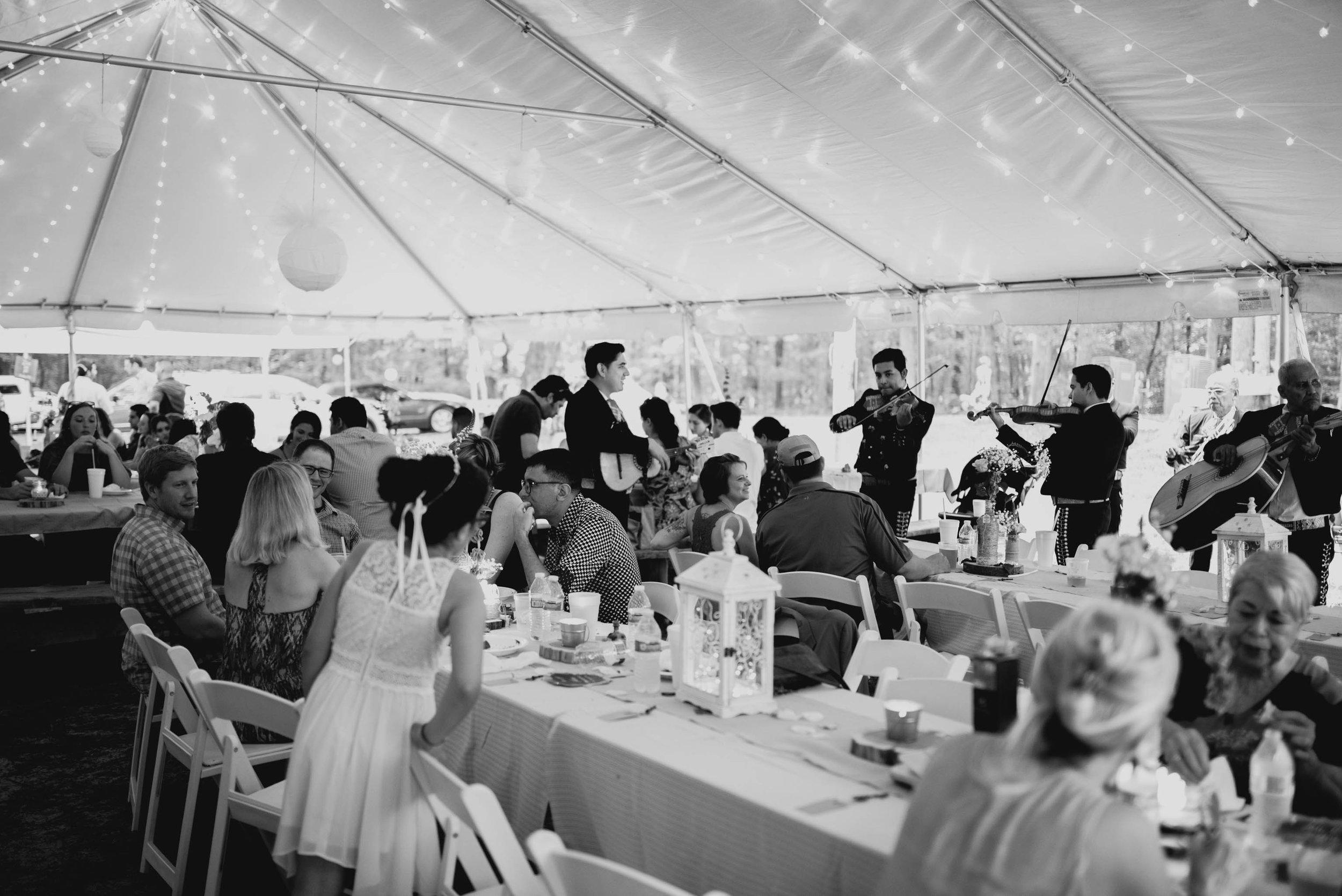 wedding guests enjoying the duke forest wedding reception