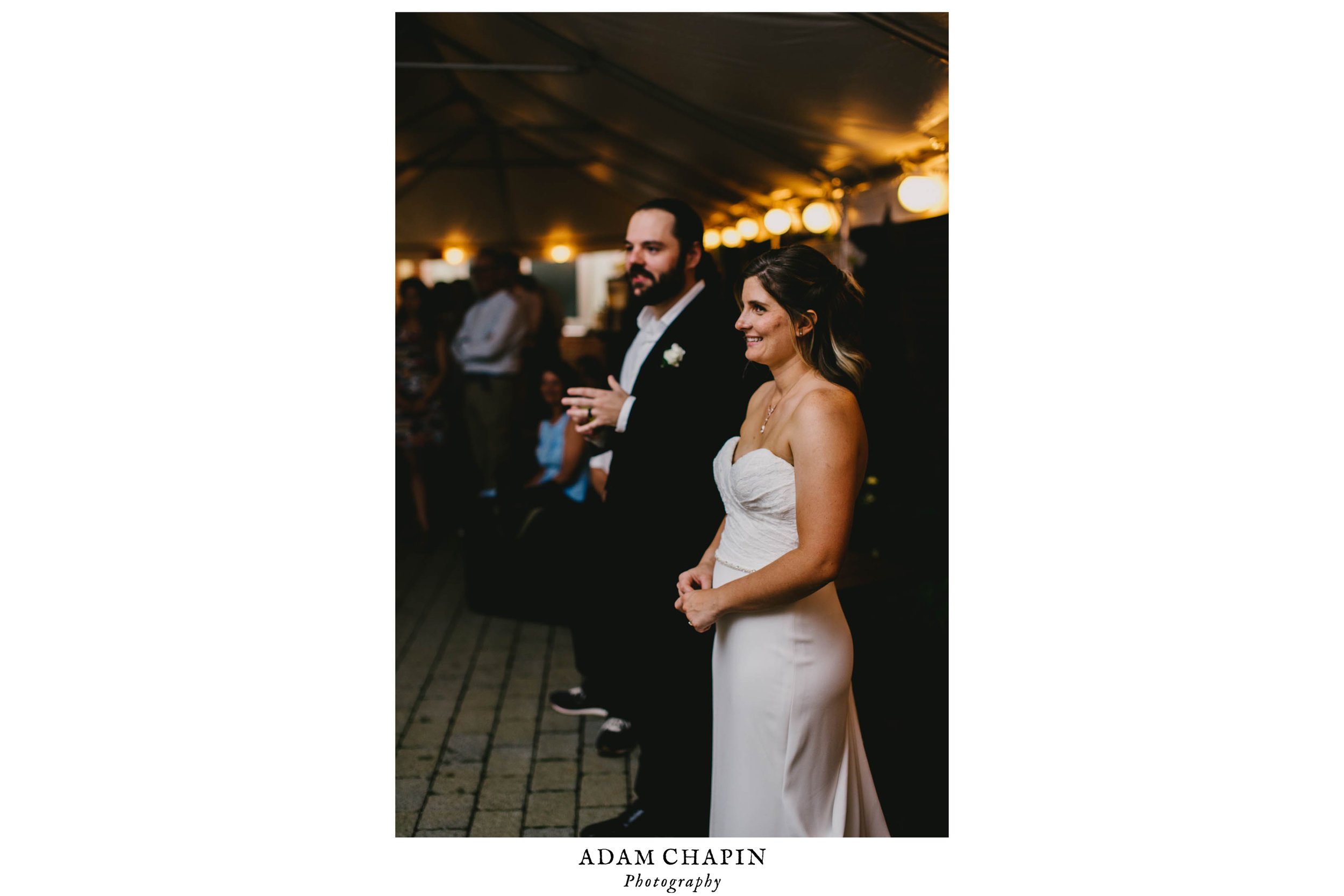 bride and groom listening to toasts during their Jiddi Space and Courtyard Wedding at Sitti Restaurant