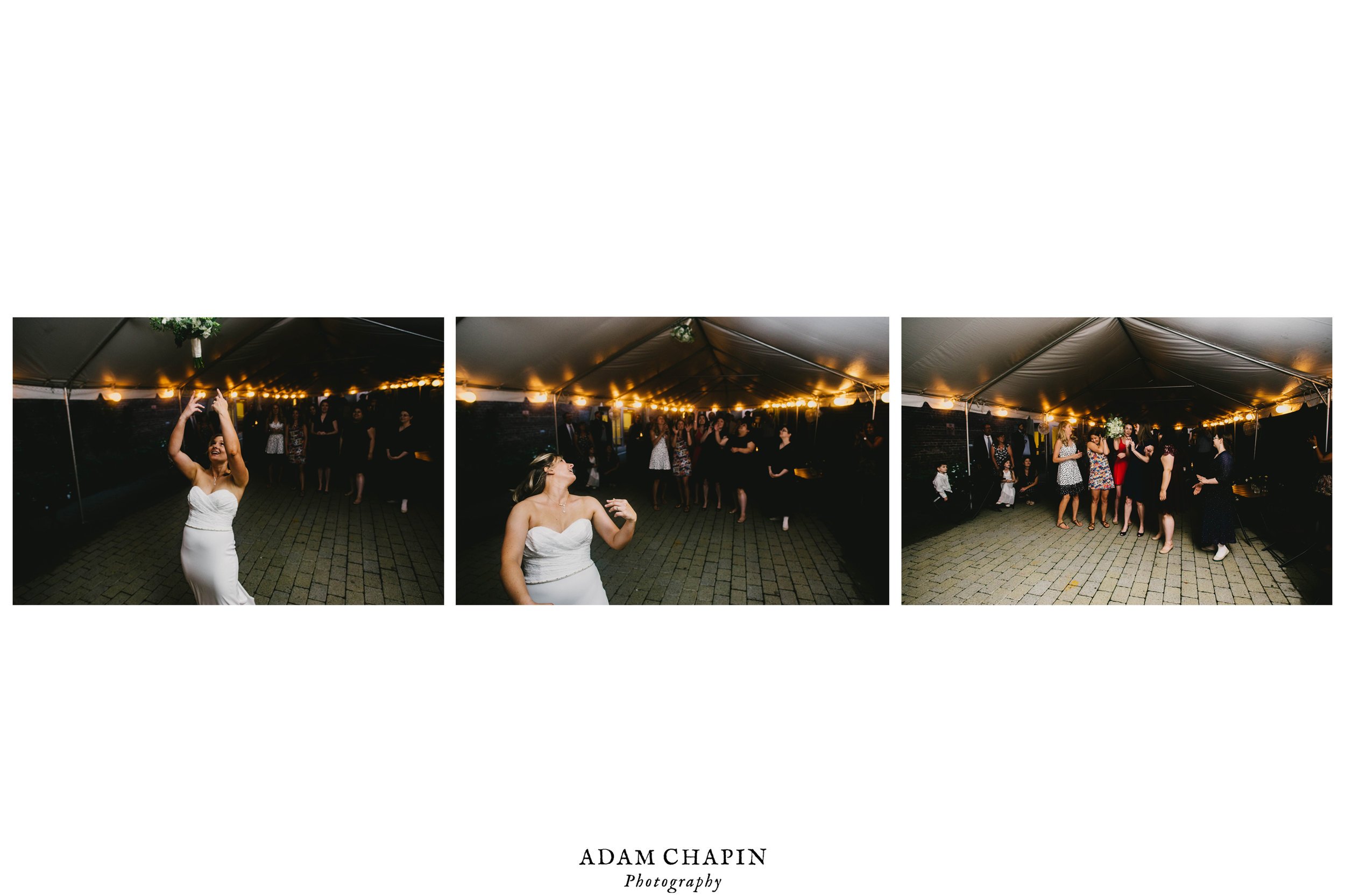 brides bouquet toss during their Jiddi Space and Courtyard Wedding at Sitti Restaurant