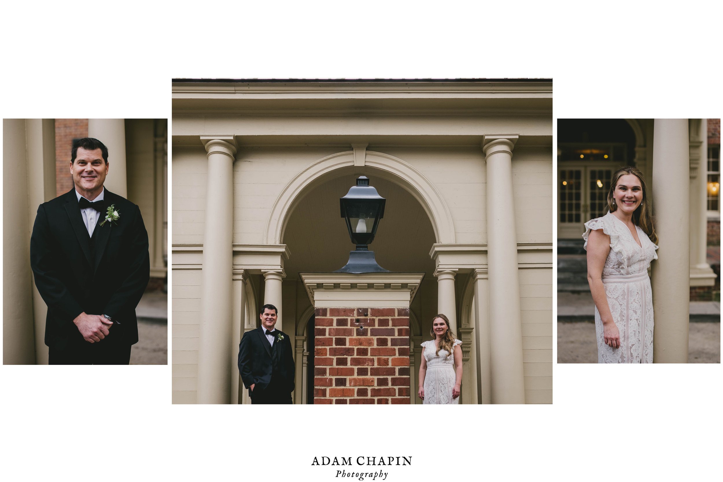 a three photo portrait of the bride and groom apart and one together