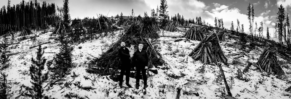 panorama of couple standing in a field of pyres in the Rocky Mountains
