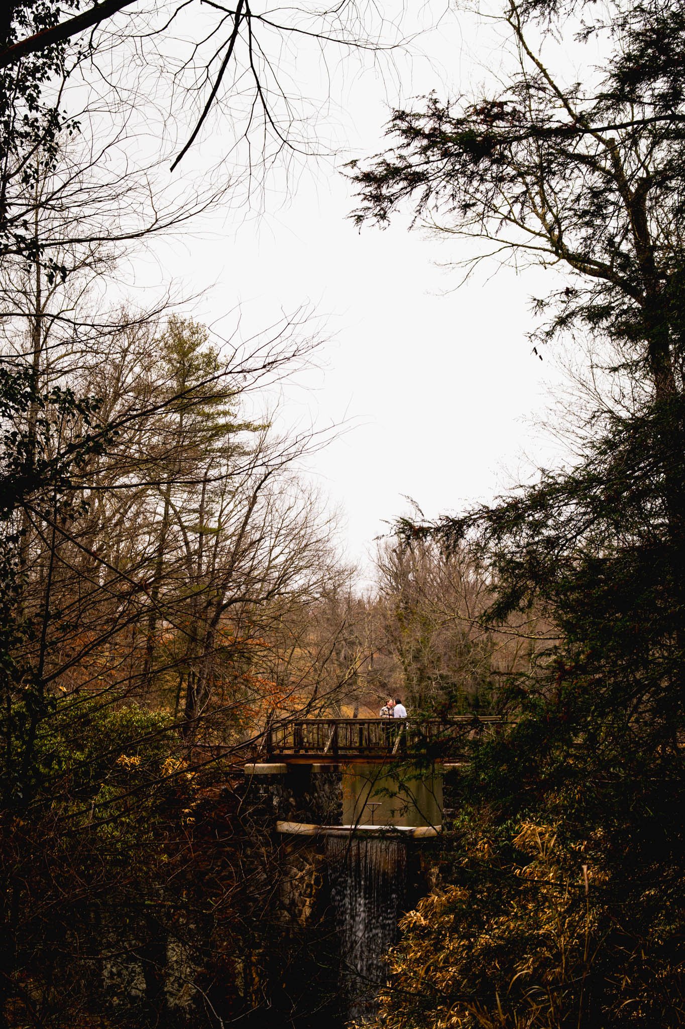 a couple stands on the bridge of the Biltmore Bass Pond