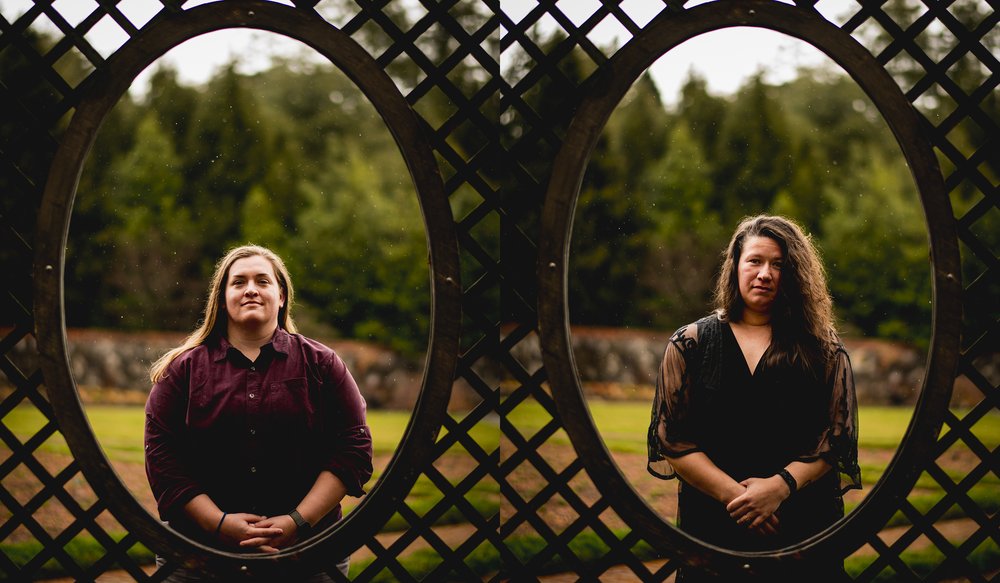 a diptych of portraits of the women standing in the rain at the Biltmore gardens