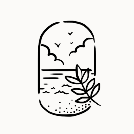 Illustration d'une vue de plage avec des oiseaux, une mer et une branche de feuilles