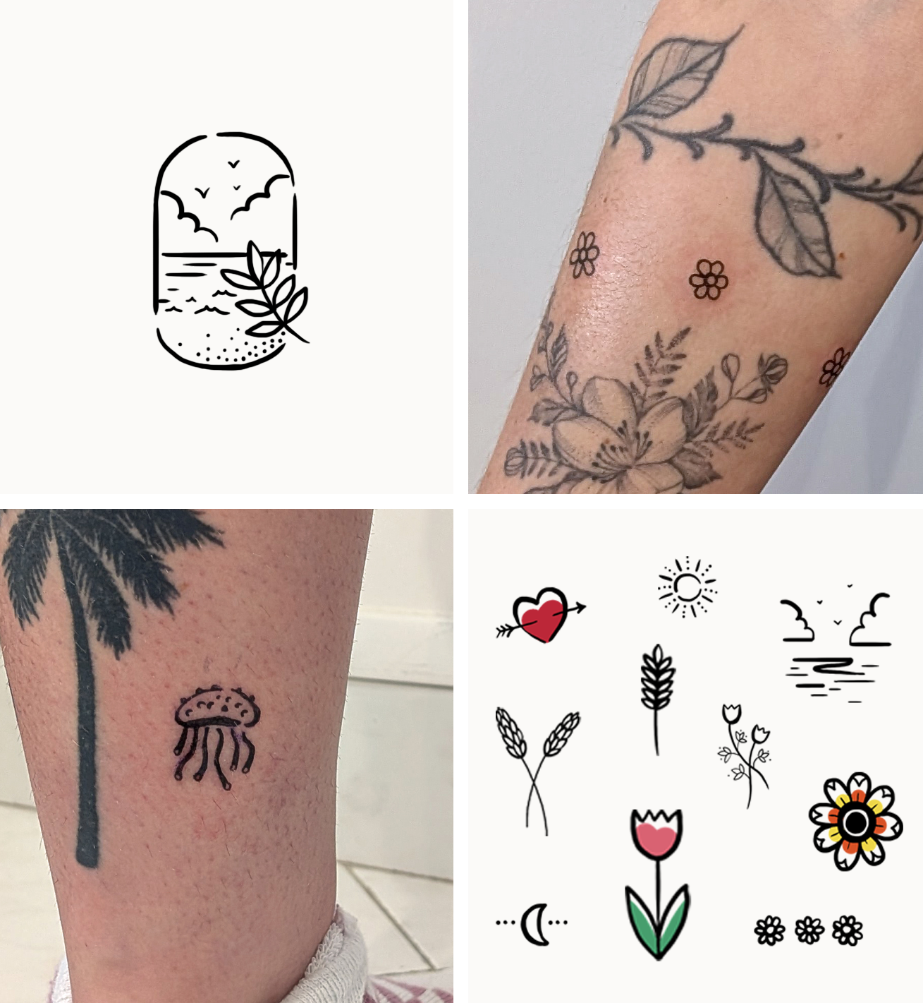 Petits tatouages minimalistes dessinés par Camille Tardif