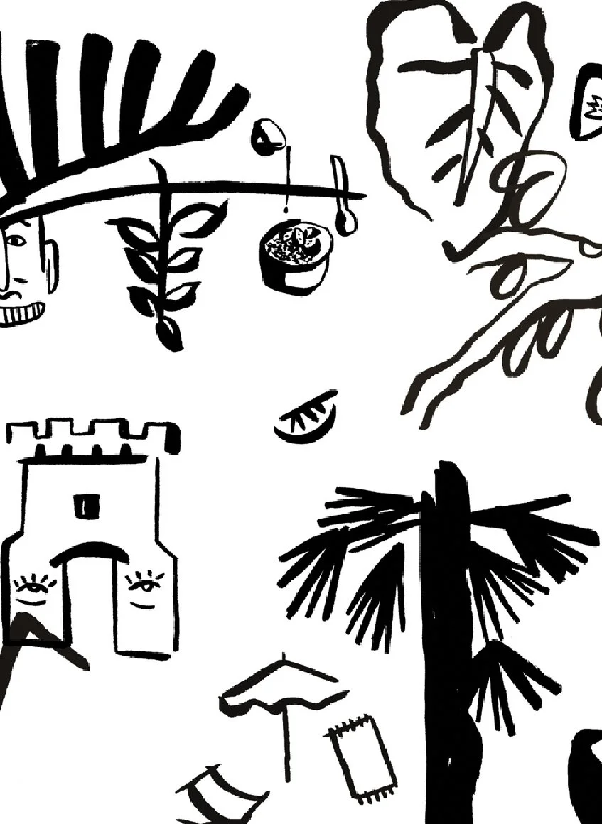 Dessin en noir et blanc avec des éléments comme un visage souriant, une porte de château, un arbre, une assiette avec de la nourriture, des feuilles, et d'autres formes abstraites.