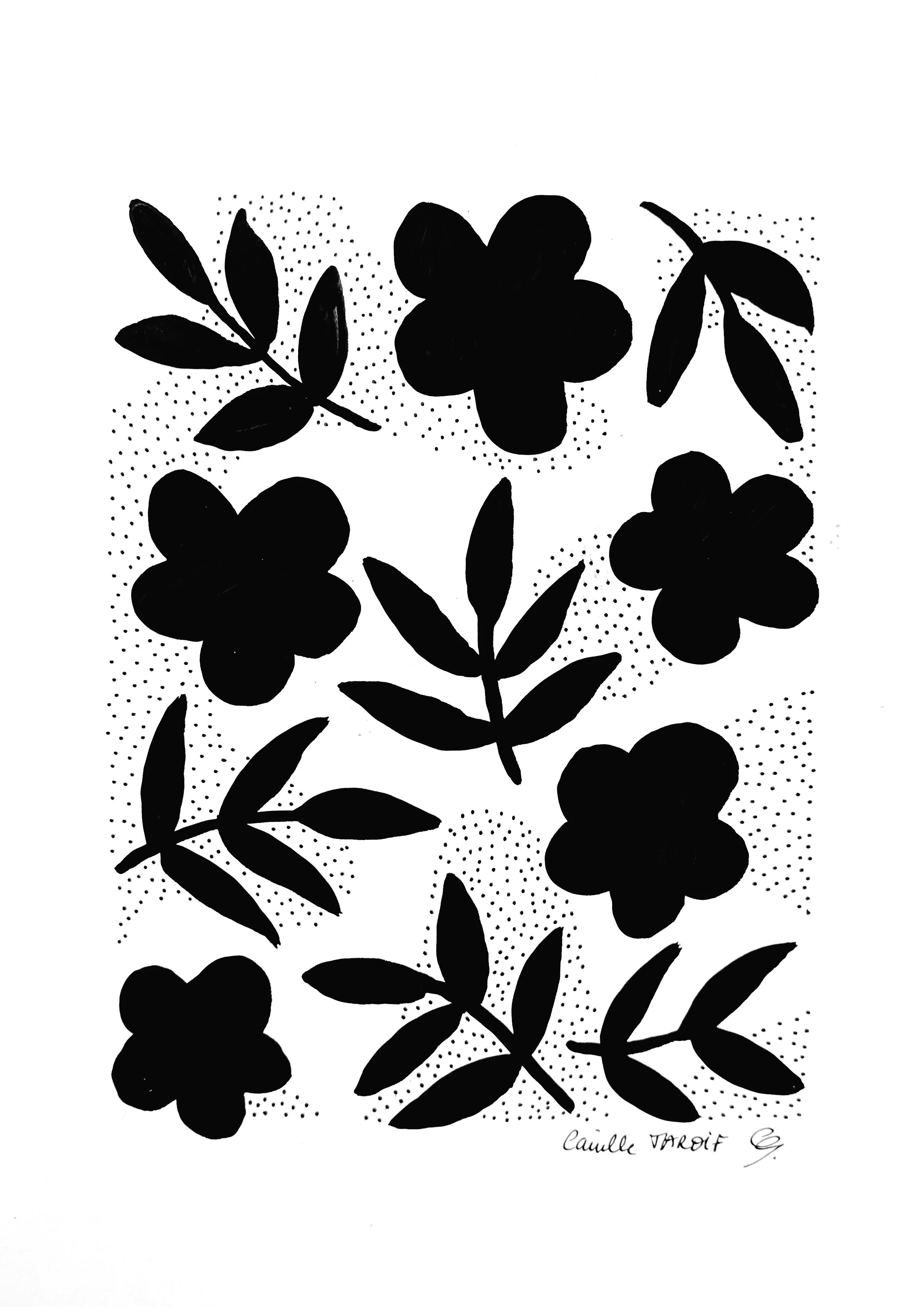 Silhouette noire de fleurs et de feuilles sur fond blanc, avec pointillés de décoration