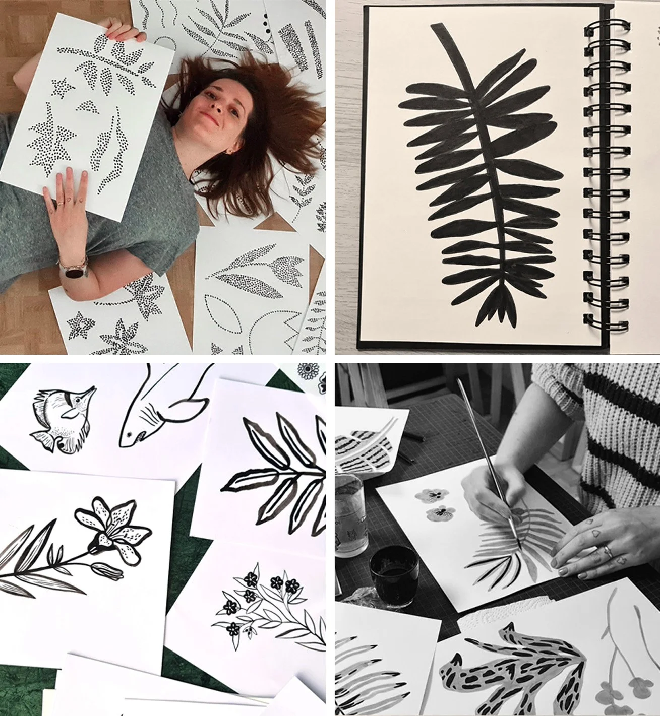 Montage de quatre images illustrant le travail de Camille Tardif, avec des peintures florales, des poissons et des végétaux.