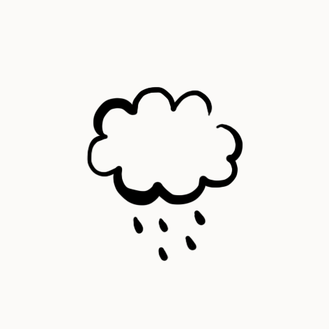 Nuage noir avec des gouttes de pluie dessous, dessin simple en style minimaliste.