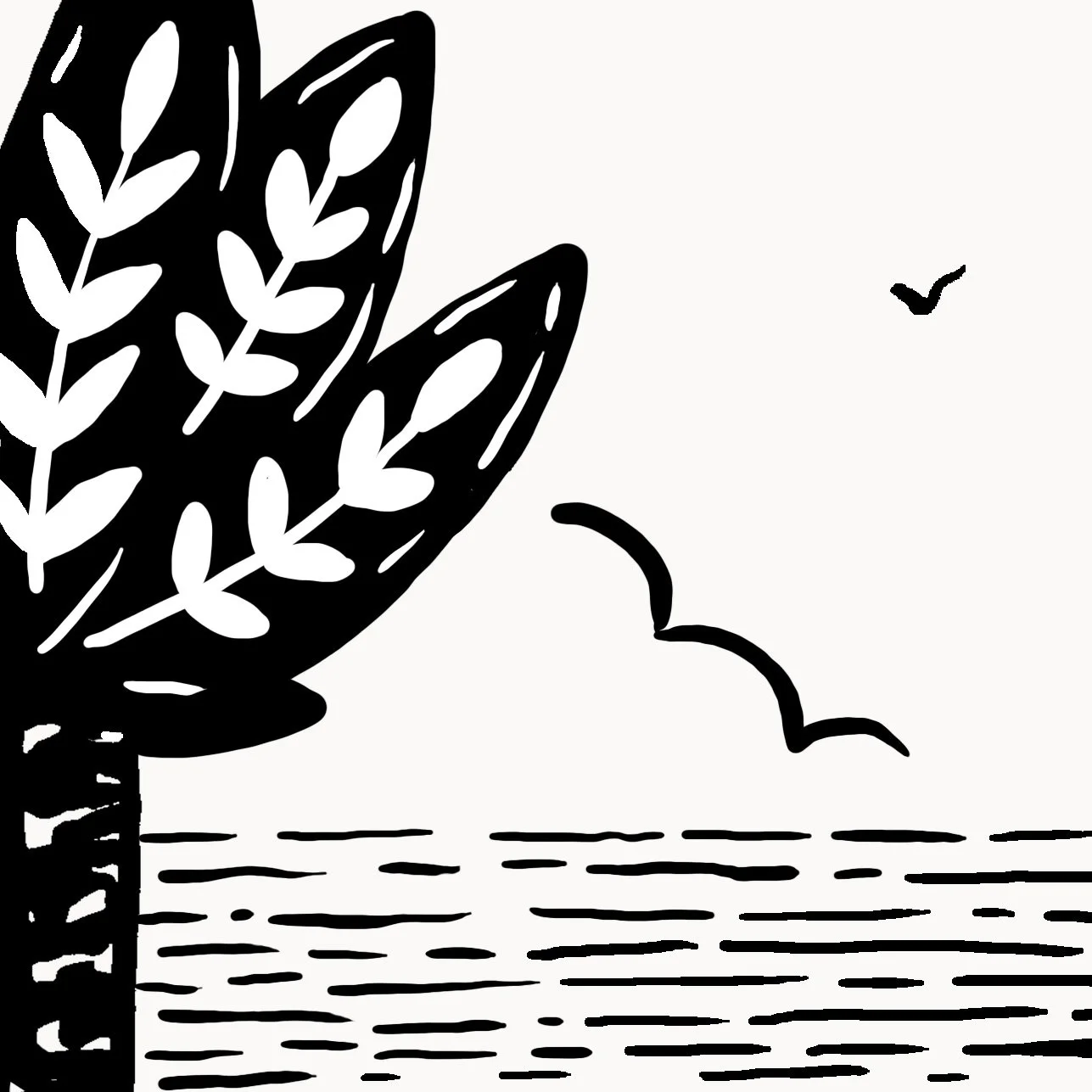 Illustration d'un arbre, d'oiseaux volant au-dessus d'une mer en style noir et blanc.