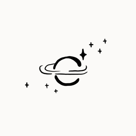 Illustration minimaliste d'une planète avec des anneaux, entourée de petites étoiles.