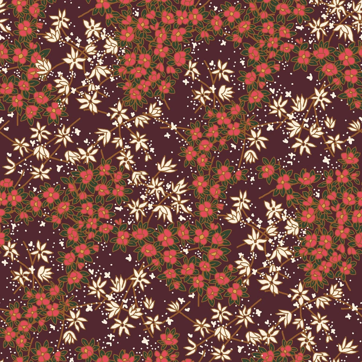 Motif floral complexe avec petites fleurs roses et blanches sur un fond marron foncé, avec des détails verts et dorés.